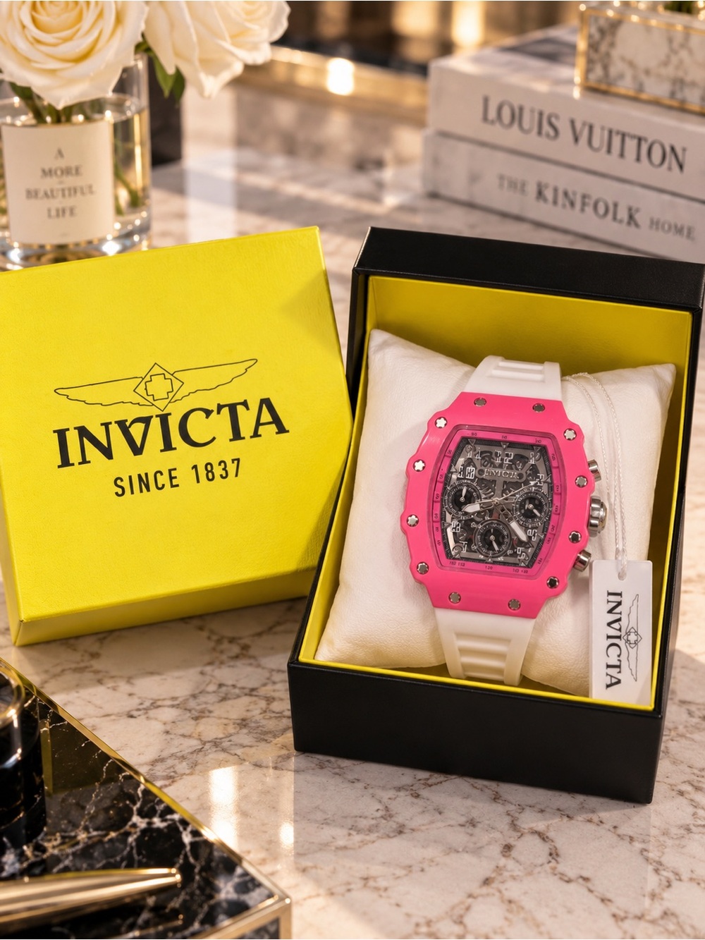 Invicta Racing Pink & White Skeleton Chronograph Watch NWT w/ Box